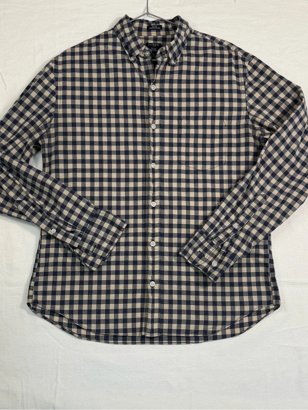J.Crew Flex Washed Slim Untucked Gingham Shirt Mens Medium Blue Beige Stretch